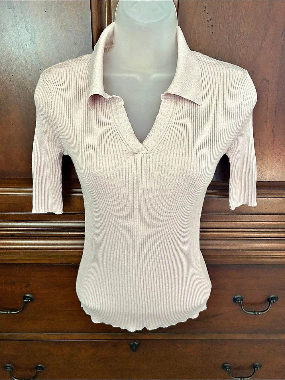 Elie Tahari Ribbed Polo Short Sleeve Top in Pink Size Small